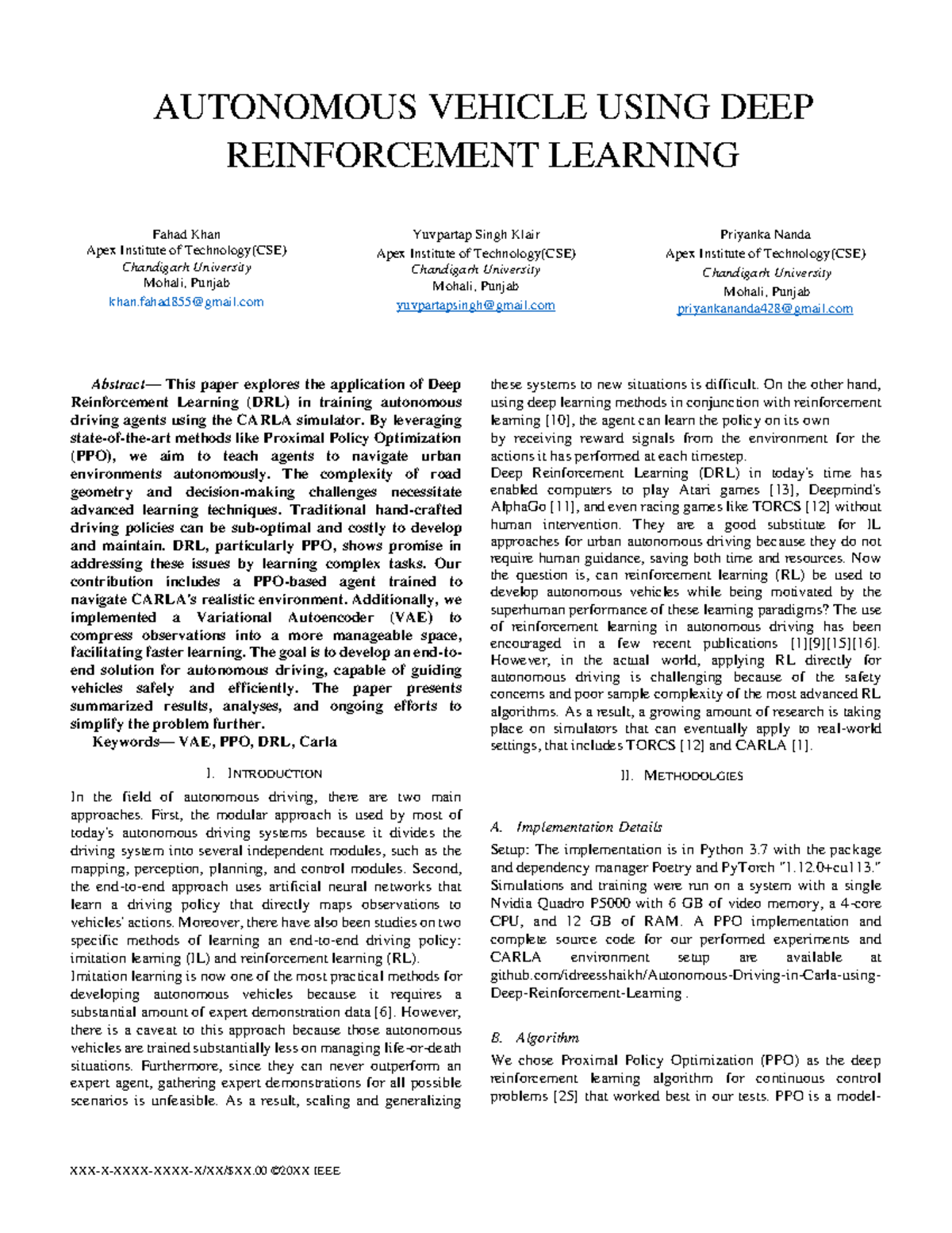 CSE 2023: Deep Reinforcement Learning for Autonomous Vehicles - Studocu