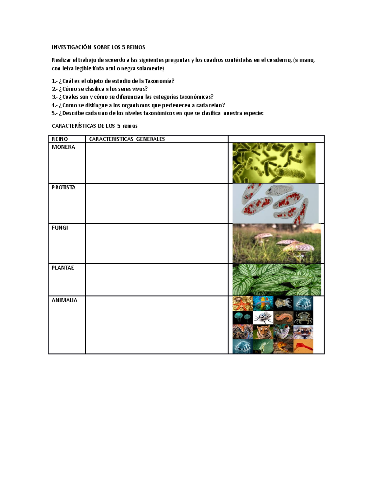 Características de los 5 reinos: Investigación y Cuestionario - Studocu