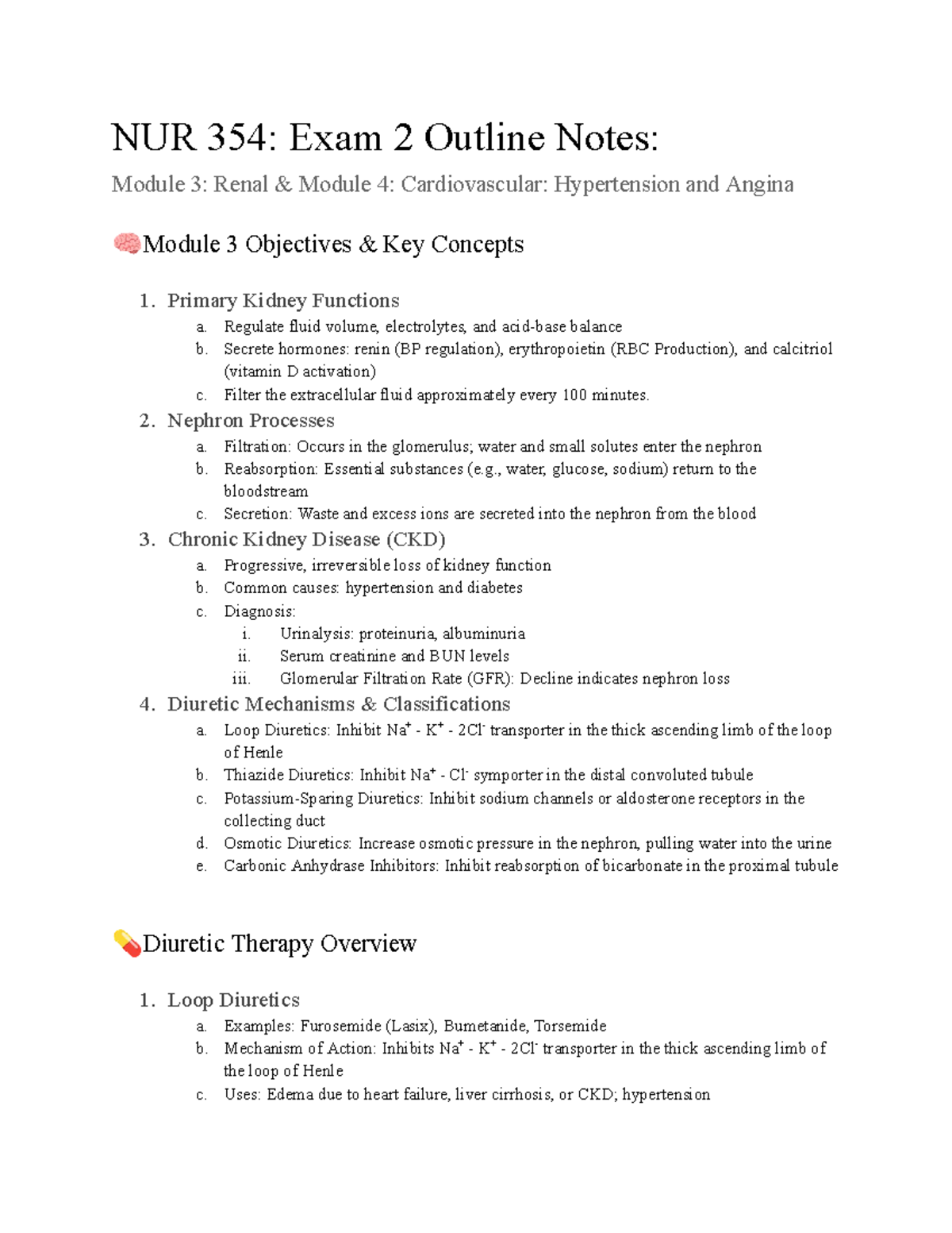 NUR 354: Exam 2 Outline - Renal & Cardiovascular Modules Notes - Studocu
