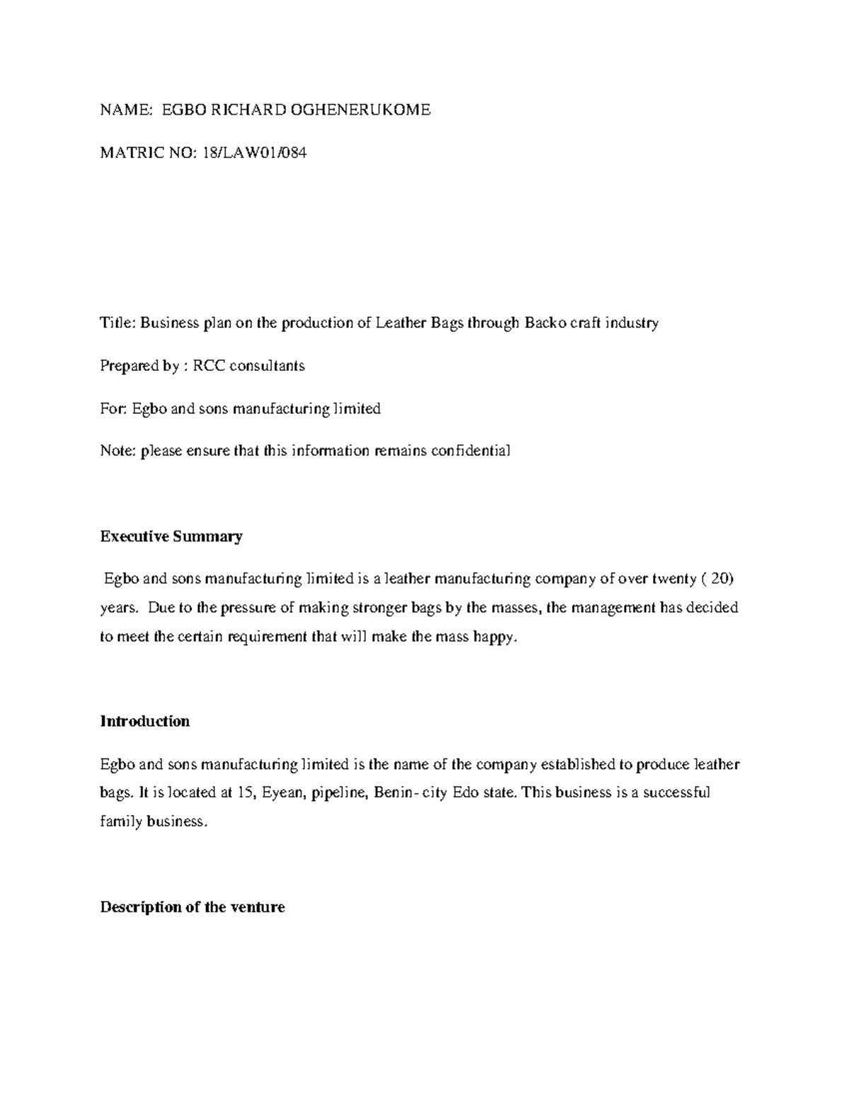 Business Plan for Leather Bag Production - RCC 1590020413 - Studocu