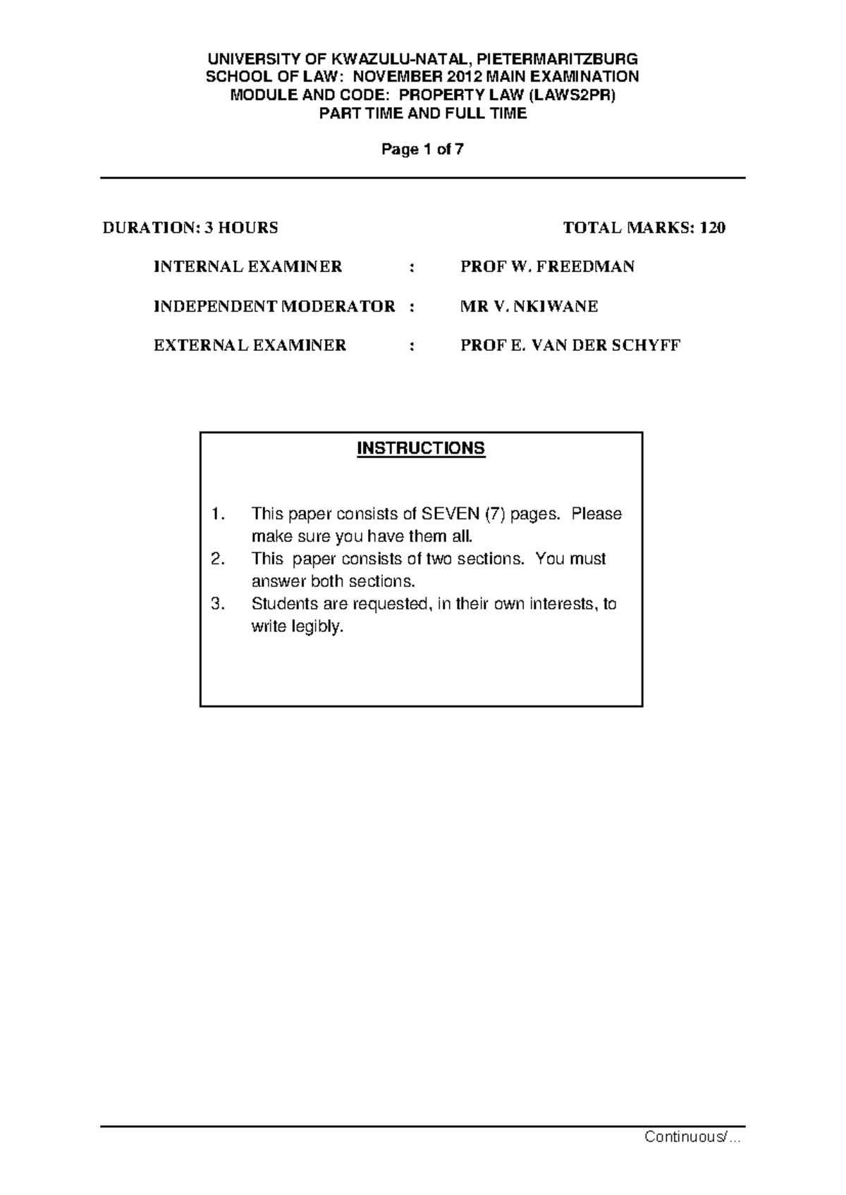 Property Law (LAWS2PR) November 2012 Main Exam Paper - Studocu