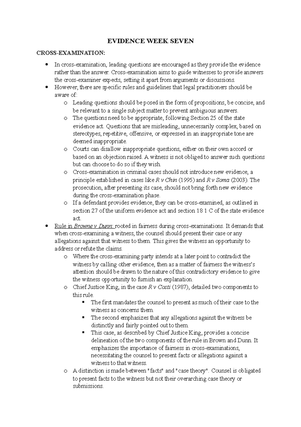 Evidence WEEK Seven - Lecture notes! - EVIDENCE WEEK SEVEN CROSS ...