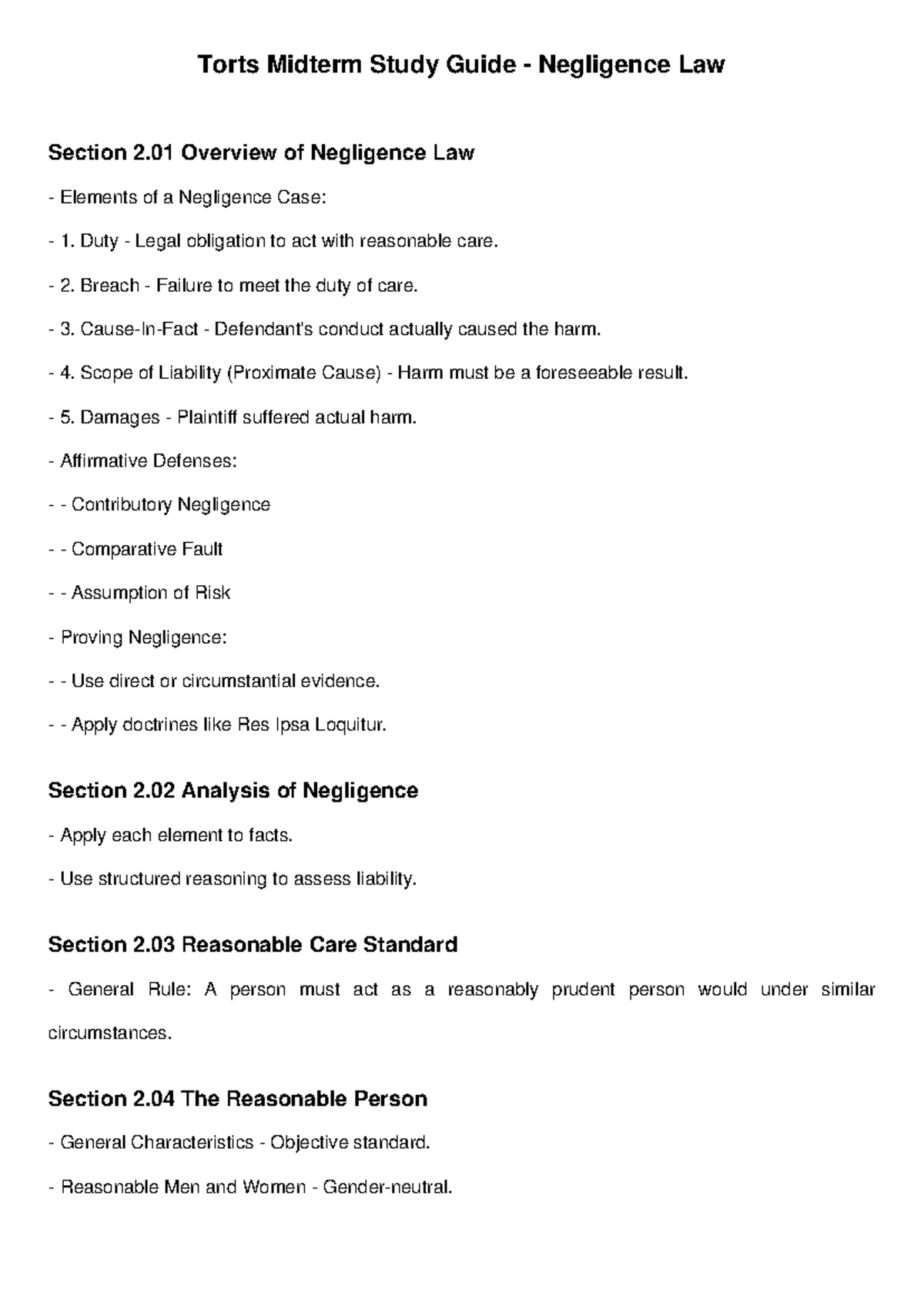 Torts Midterm Study Guide: Key Elements of Negligence Law - Studocu