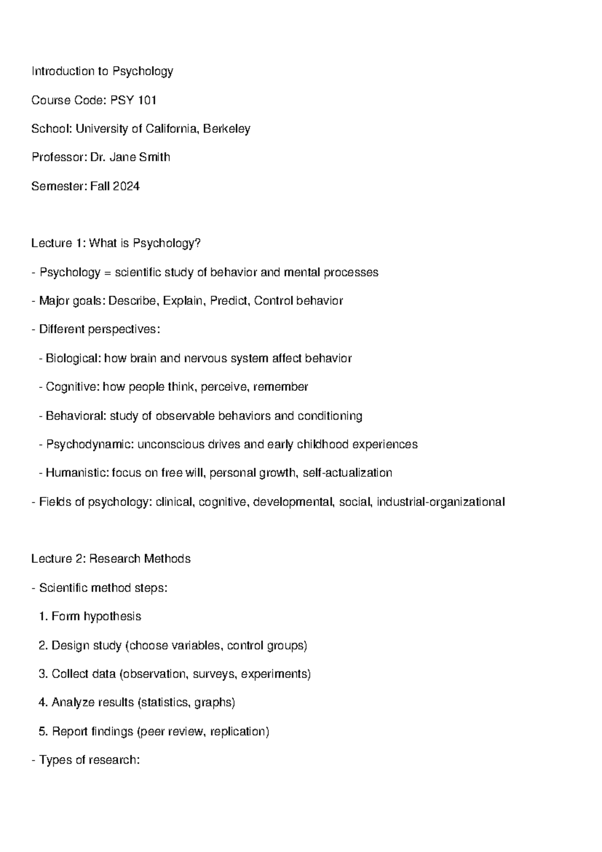 Introduction to Psychology PSY 101: Lecture Notes Fall 2024 - Studocu