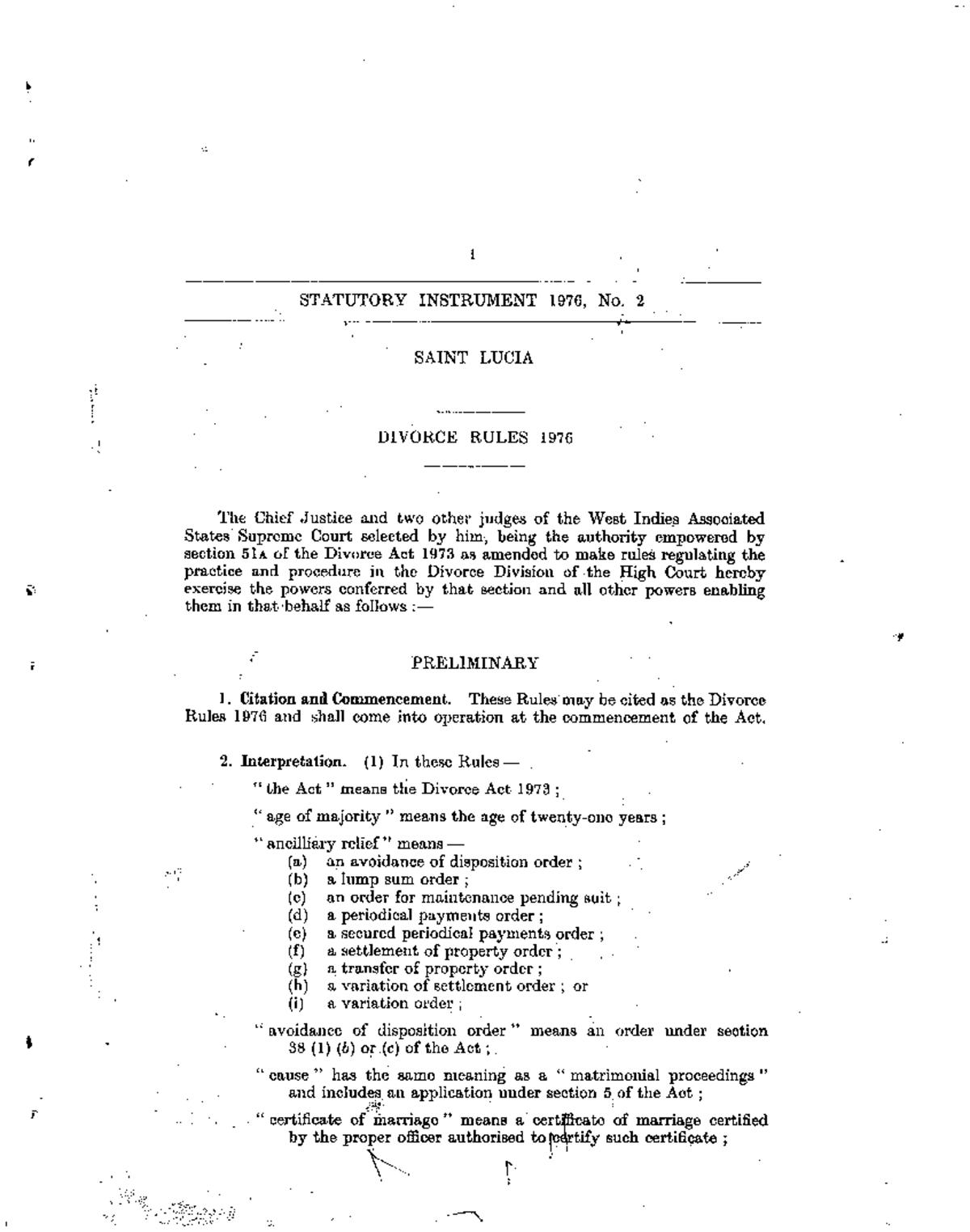 Divorce Rules 1976 - Statutory Instrument No. 2 Saint Lucia - Studocu