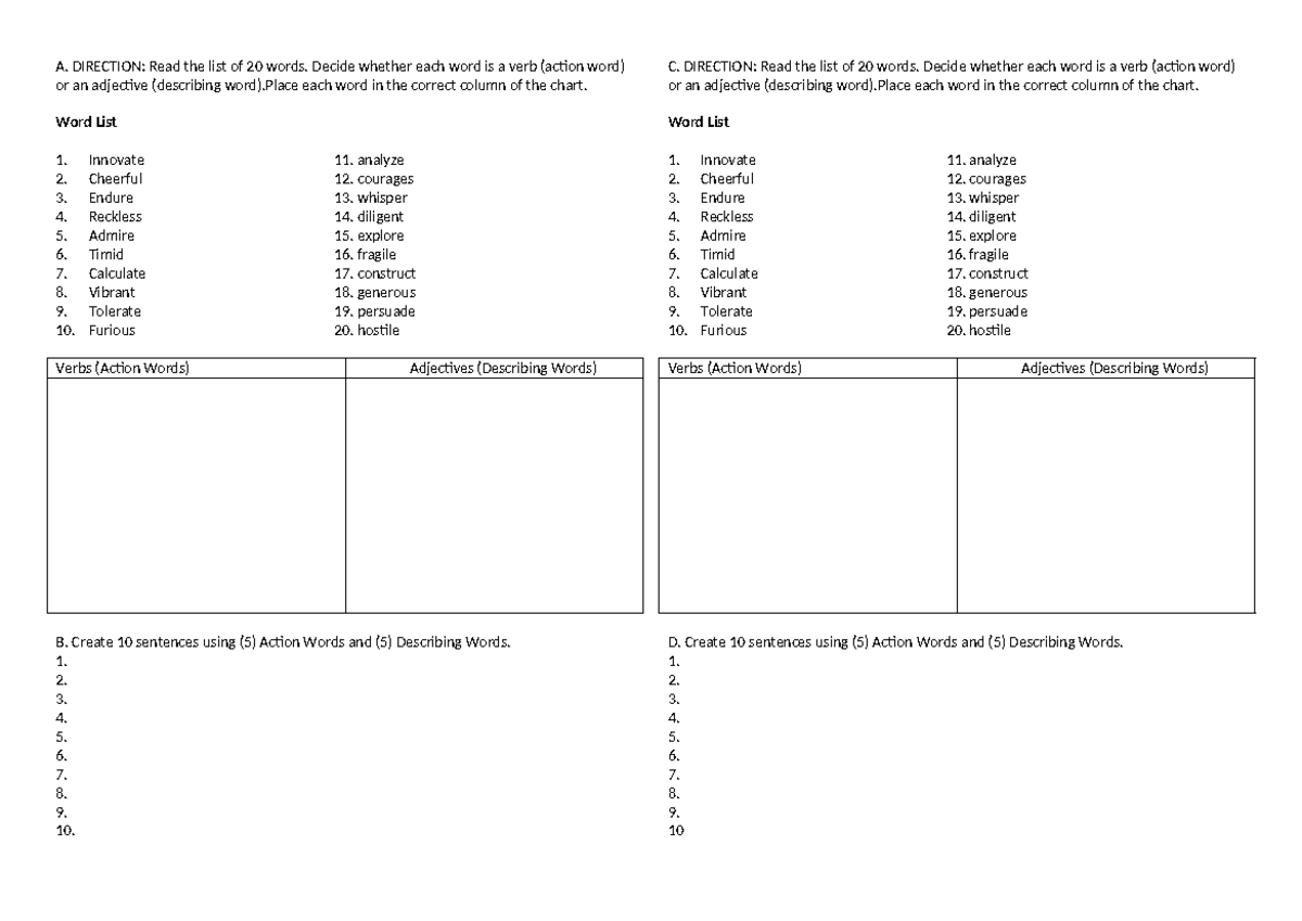 A. DIRECTION: Classifying Verbs and Adjectives - Aral Notes - Studocu