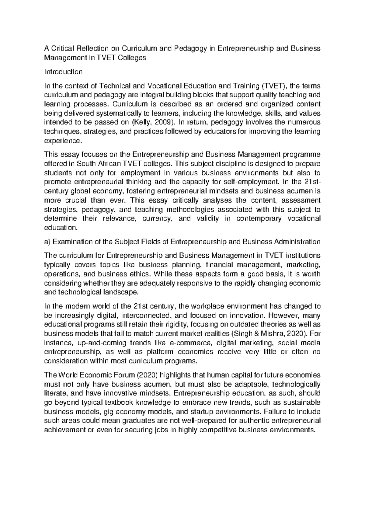 Critical Reflection on Curriculum & Pedagogy in PVS 172 ...
