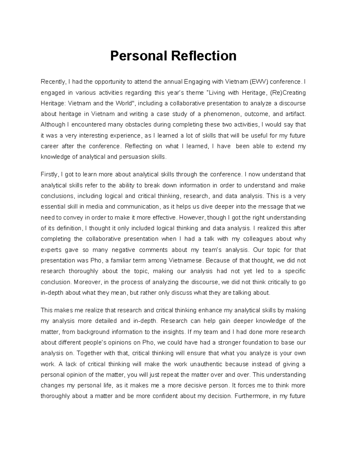 Personal Reflection - Description - Personal Reflection Recently, I had ...