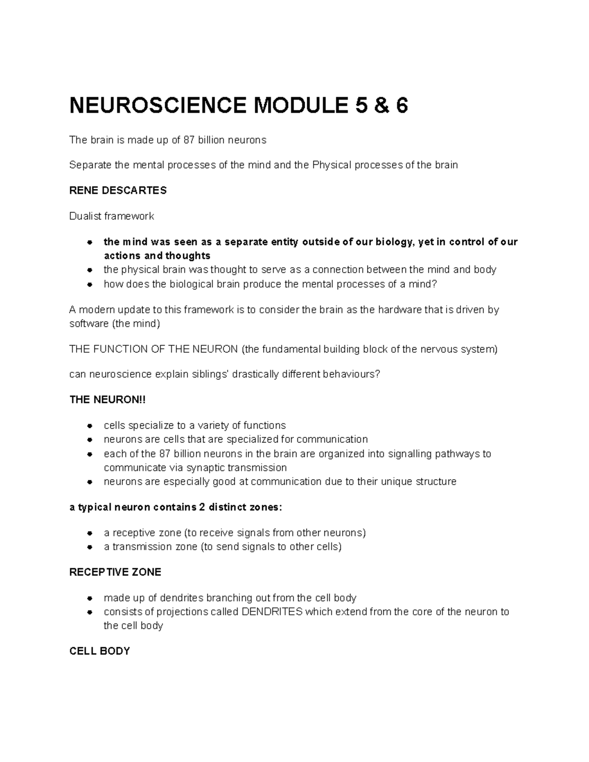 Neuroscience Module 5 & 6 Notes - NEUROSCIENCE MODULE 5 & 6 The brain ...
