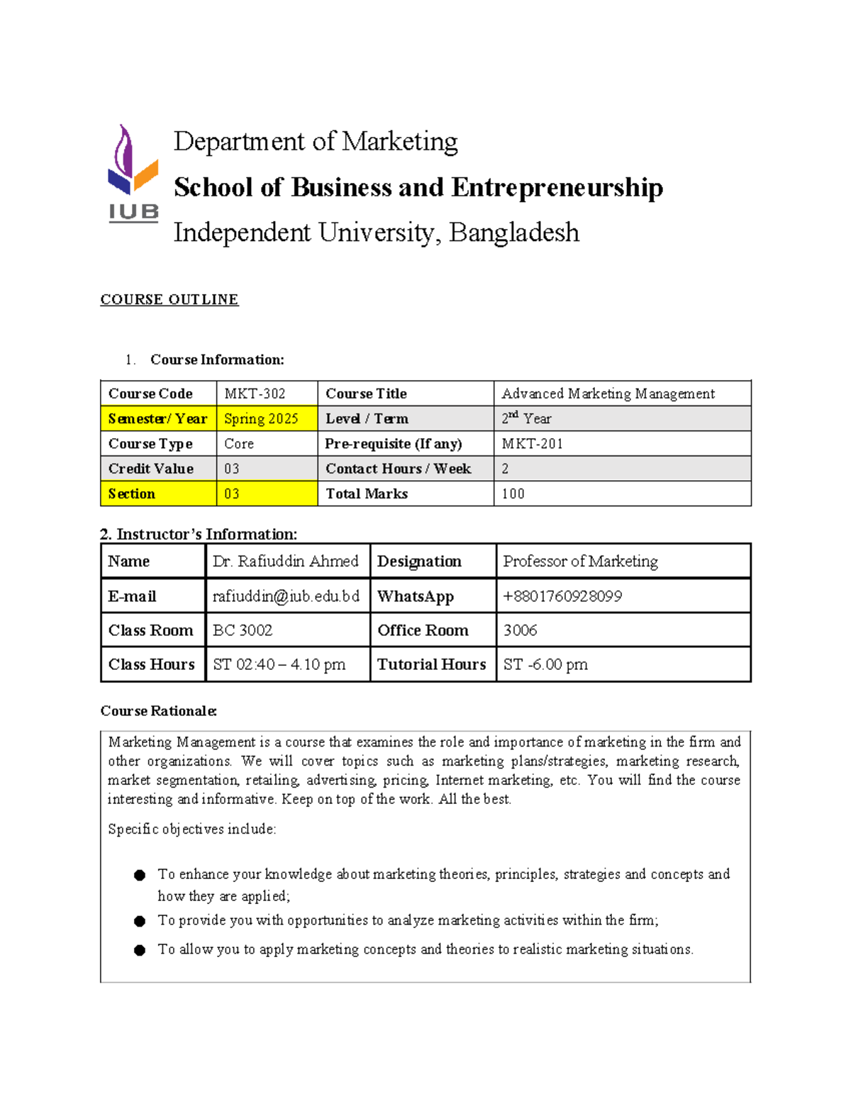 MKT 302 Course Outline: Advanced Marketing Management Spring 2025 - Studocu