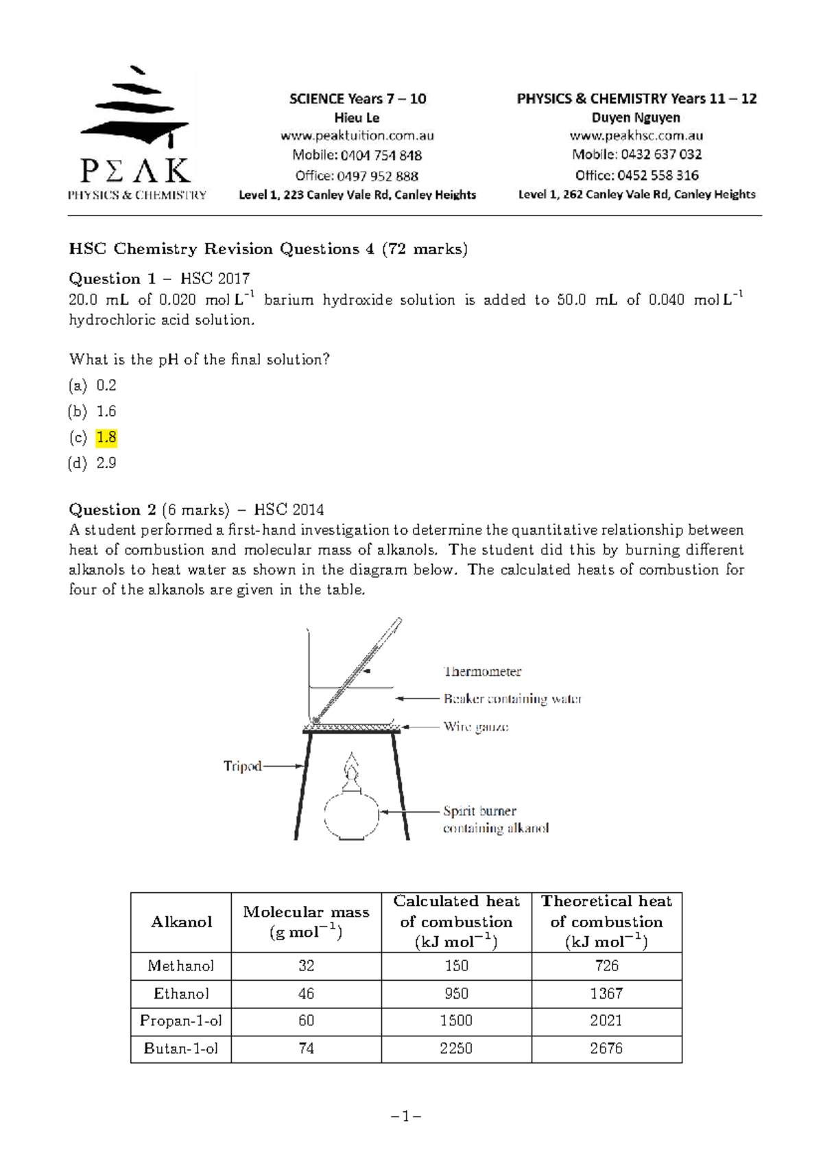 PEAK Chemistry Revision Questions 4 Solutions and Answers - Studocu
