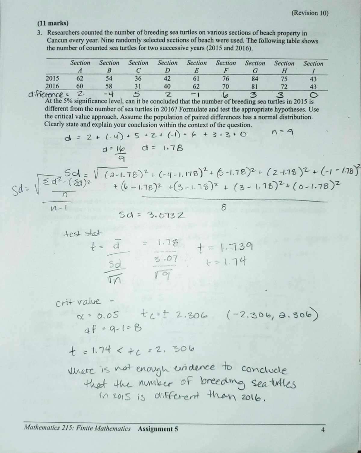 Math 215: Assignment 5 - Analyzing Breeding Sea Turtle Data - Studocu