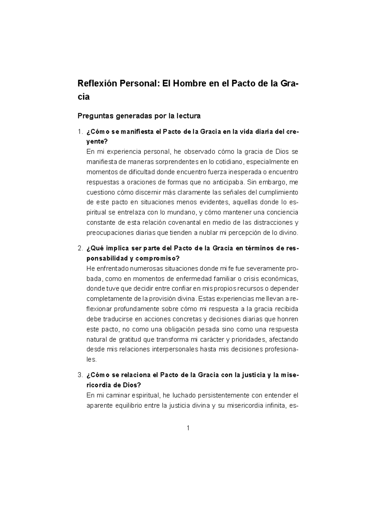 Reflexión Personal sobre el Pacto de la Gracia - Antropología 2 - Studocu