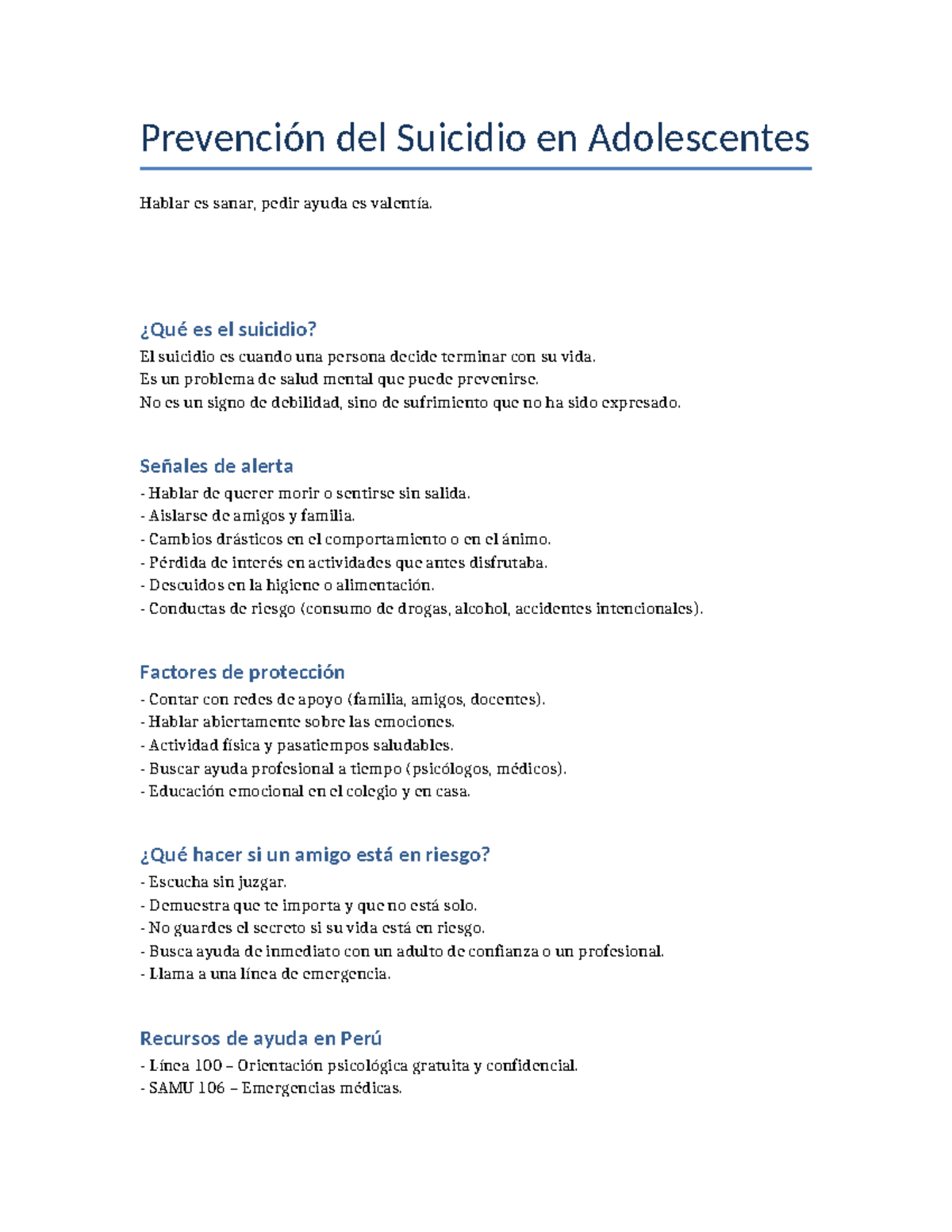 Folleto de Prevención del Suicidio en Adolescentes - Studocu