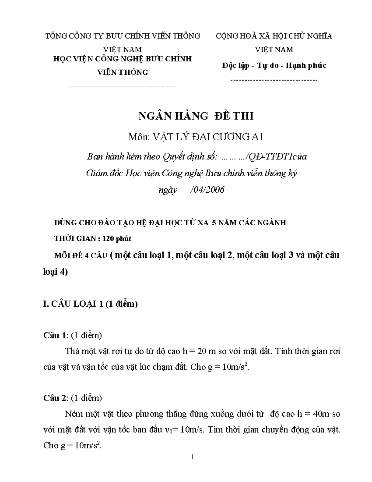Ngân Hàng Đề Thi Vật Lý Đại Cương A1: Bài Tập & Đáp Án - Document Preview
