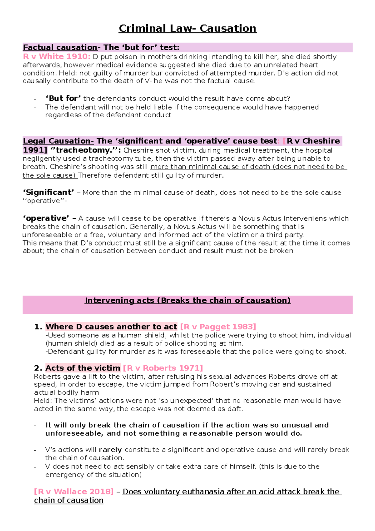 Criminal Law (CL101): Causation Principles and Case Law Notes - Studocu