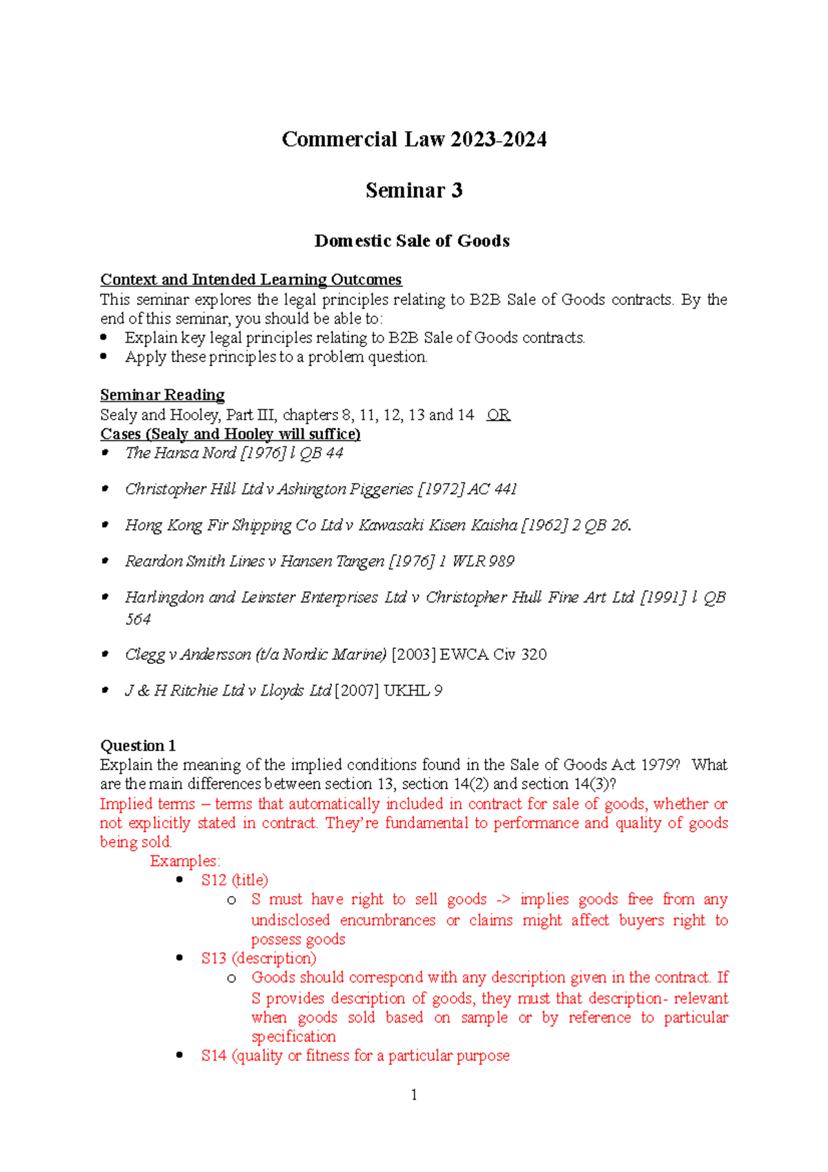 SOGA Commercial Law Seminar 3: Sale of Goods Contracts Analysis - Studocu