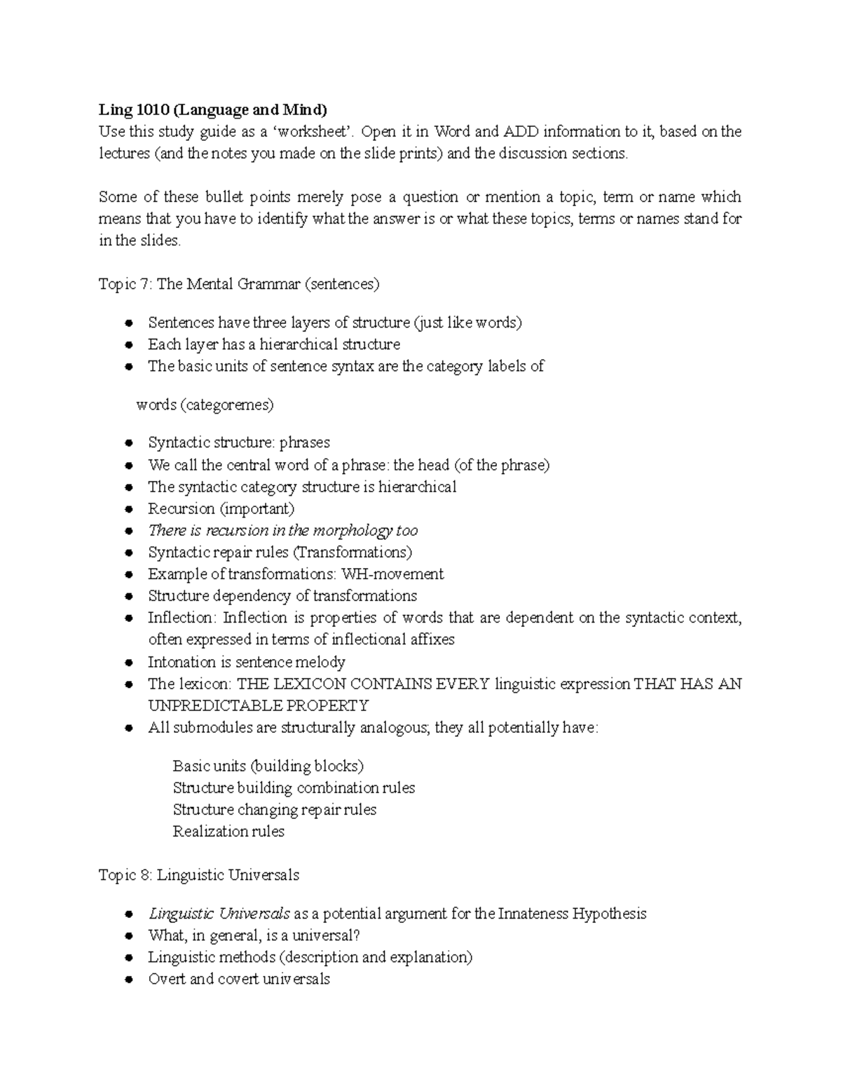 LING 1010 Final Exam Comprehensive Study Notes on Language and Mind ...