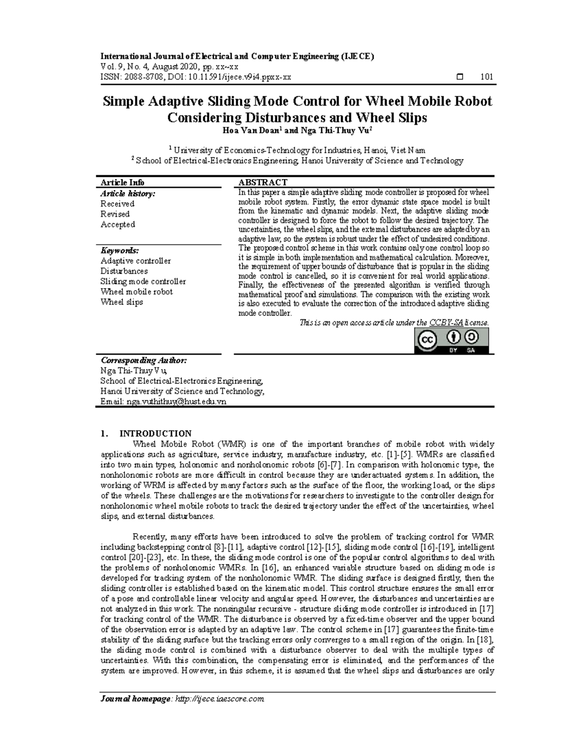Adaptive Sliding Mode Control for Nonholonomic WMRs (IJECE Vol. 9, No ...