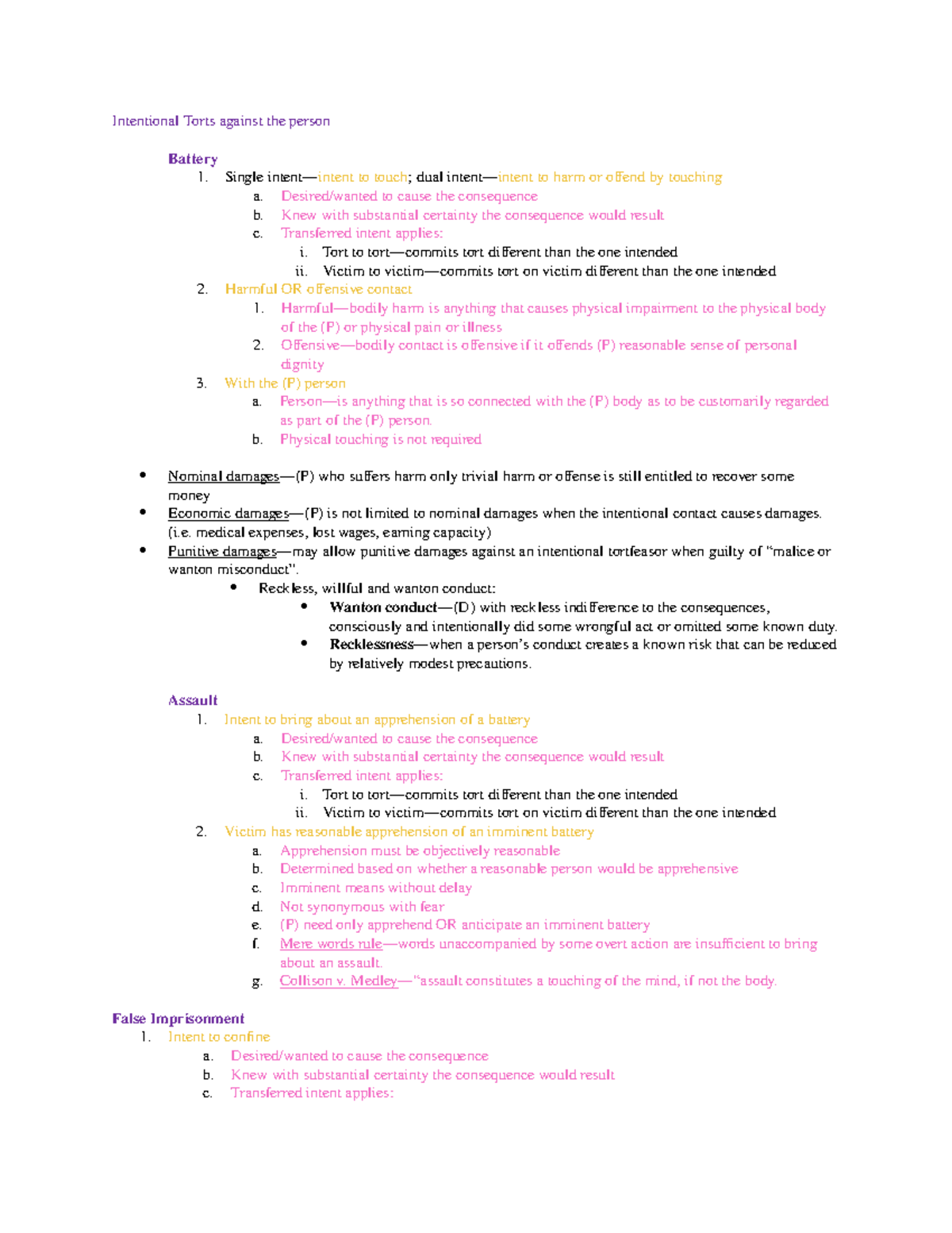 Torts Outline for Final Exam: Intentional Torts Against the Person ...