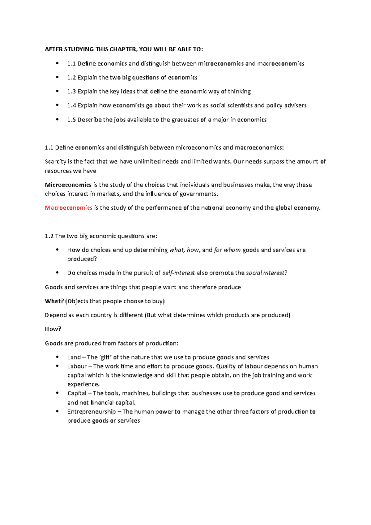 Economics Chapter 1 Notes - AFTER STUDYING THIS CHAPTER, YOU WILL BE ...