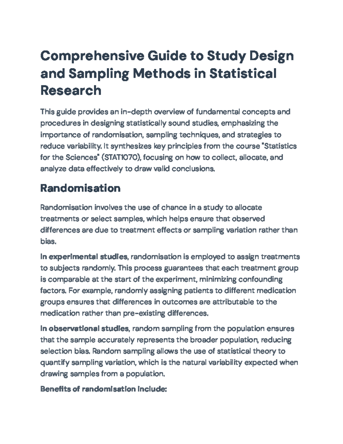 Comprehensive Overview of Study Design & Sampling Methods (STAT1070 ...