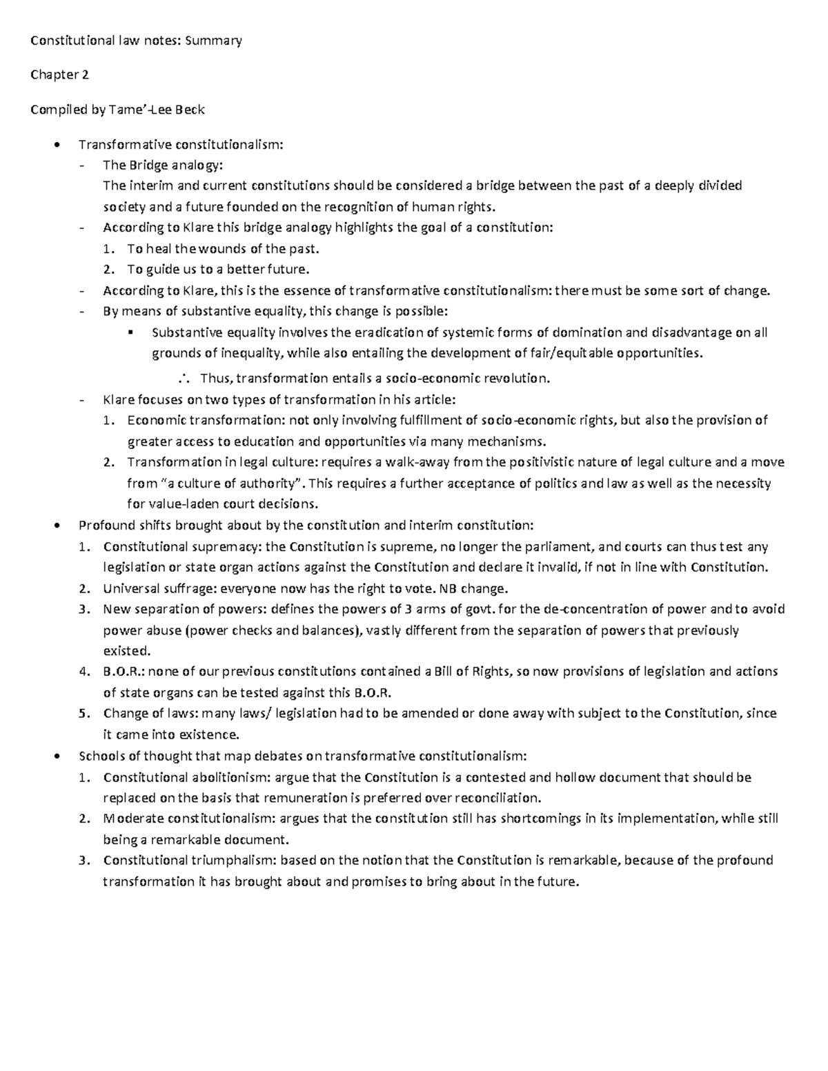 Constitutional Law Summary Notes - Transformative Const. (Chapter 2 ...