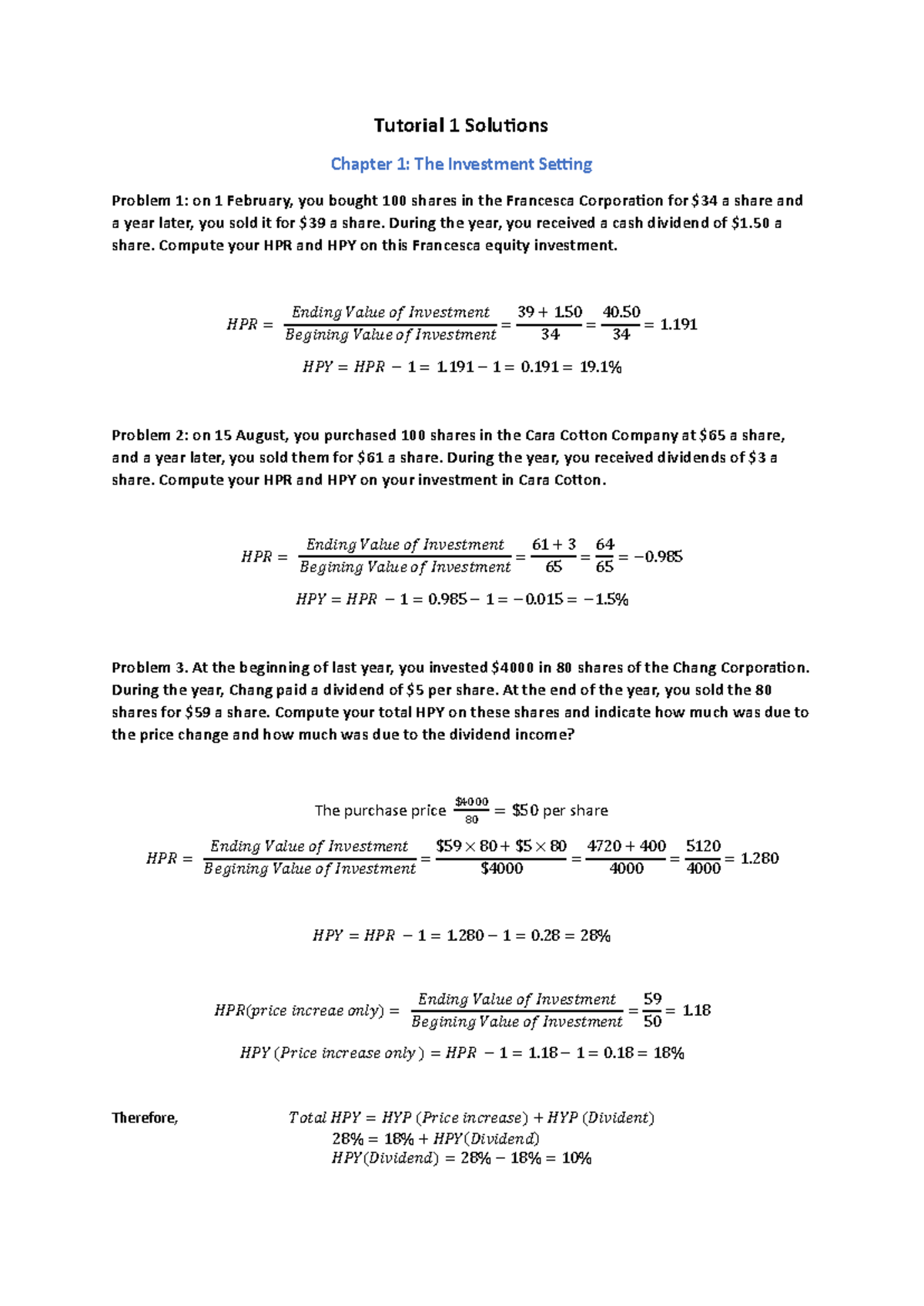 FINC3008 Tutorial Solutions Week 1 - Tutorial 1 Solutions Chapter 1 ...