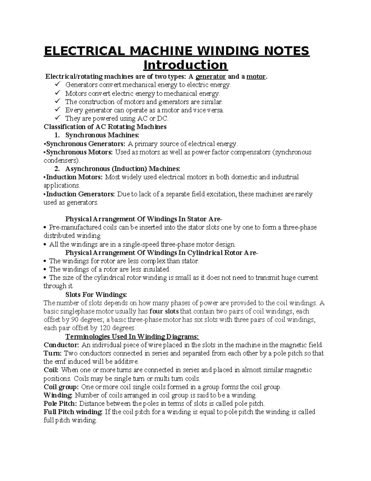 ELECTRICAL MACHINE WINDING NOTES (EMW 101) - Comprehensive Guide - Studocu