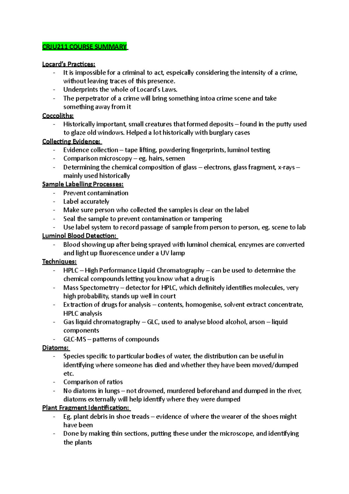 CRJU211 Forensic Science Course Summary and Key Concepts - Studocu