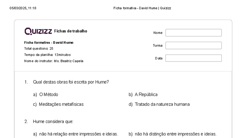 Quiz sobre David Hume - Ficha Formativa (Quizziz 1 x) - Studocu