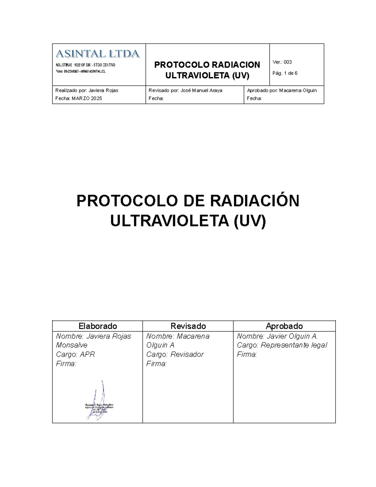 PROTOCOLO DE RADIACIÓN ULTRAVIOLETA (UV) - ASINTAL, LTDA. - Studocu