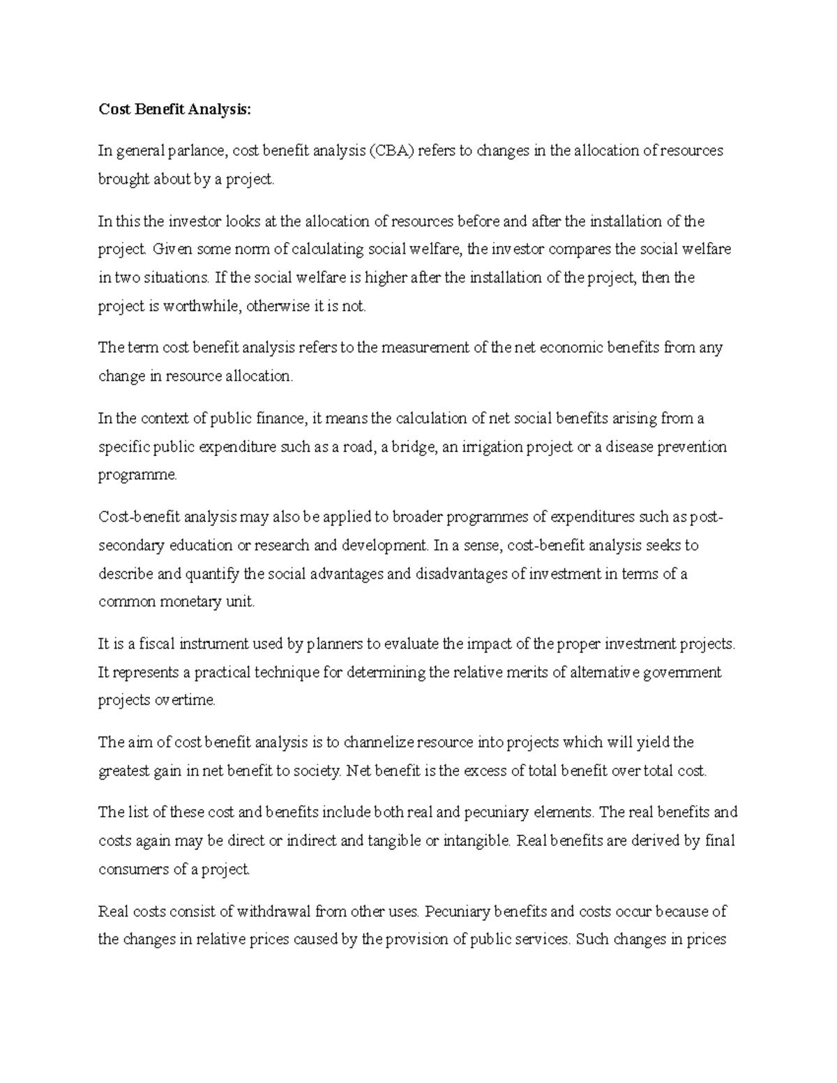 Comprehensive Cost Benefit Analysis Guide for Economic Projects - Studocu