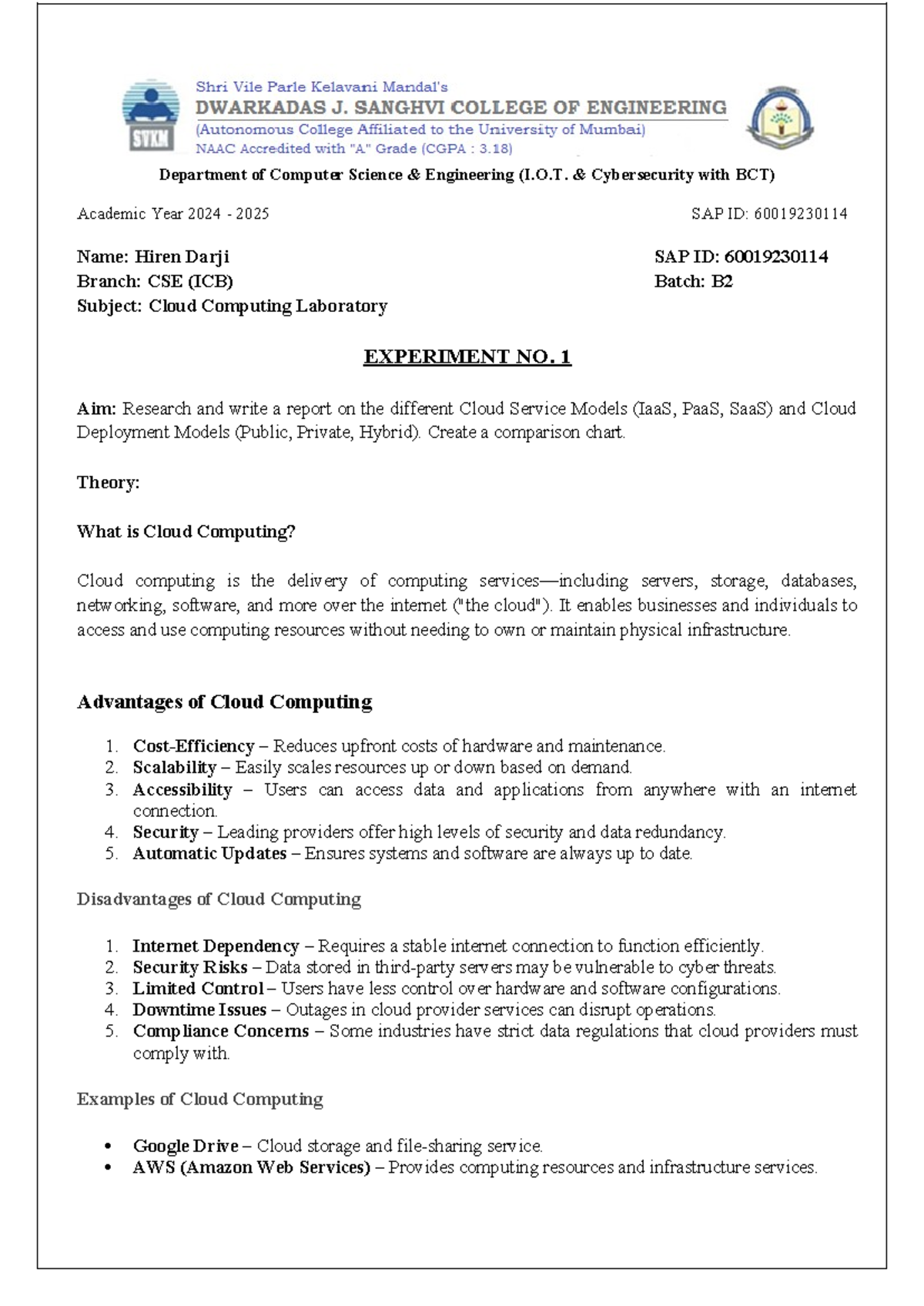 60019230114 Cloud Computing Lab Experiment 1: Service Models ...