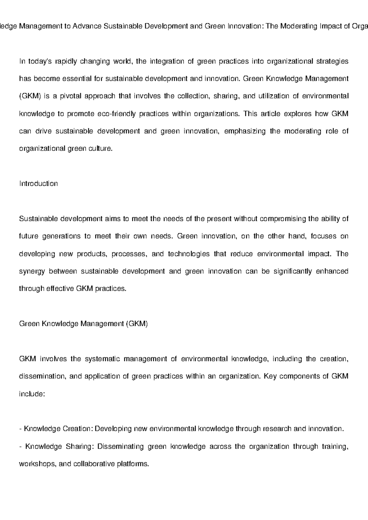 GKM 101: Exploring Green Knowledge Management for Sustainable ...