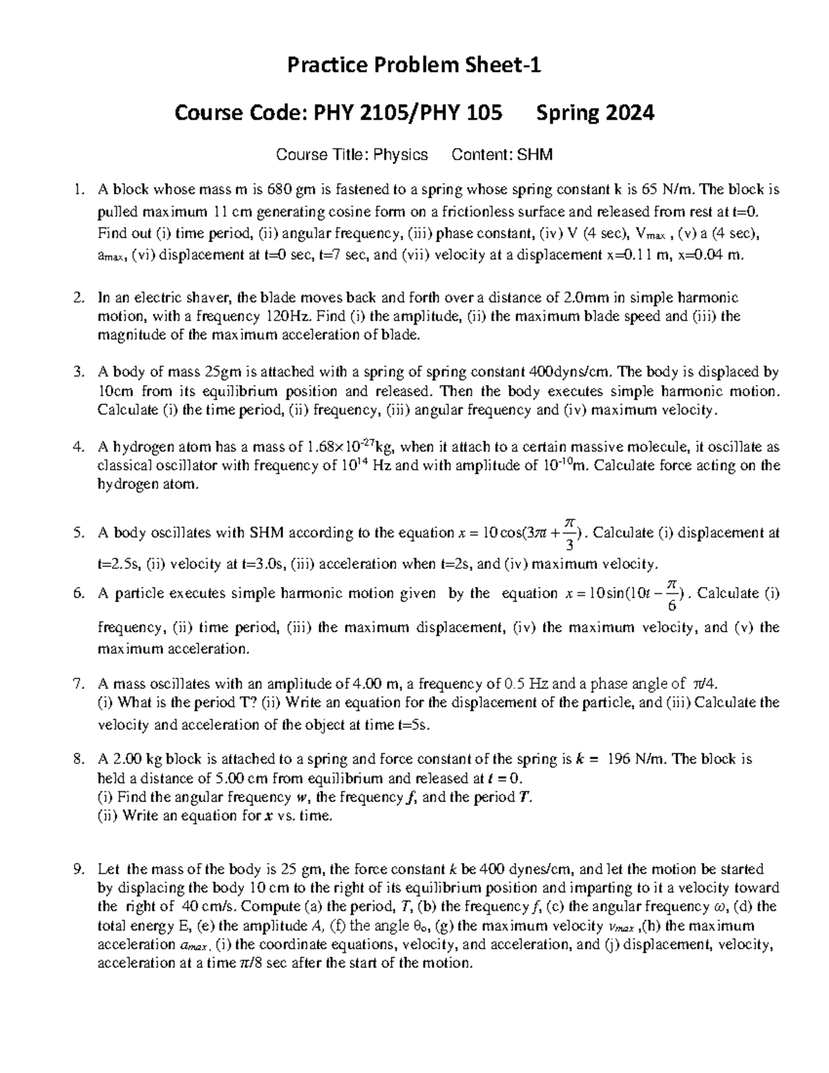 Practice Problems for PHY 105: Simple Harmonic Motion - Studocu