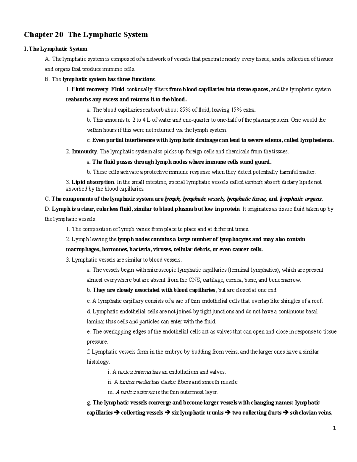 Chapter 20 Notes: The Lymphatic System Overview - Studocu