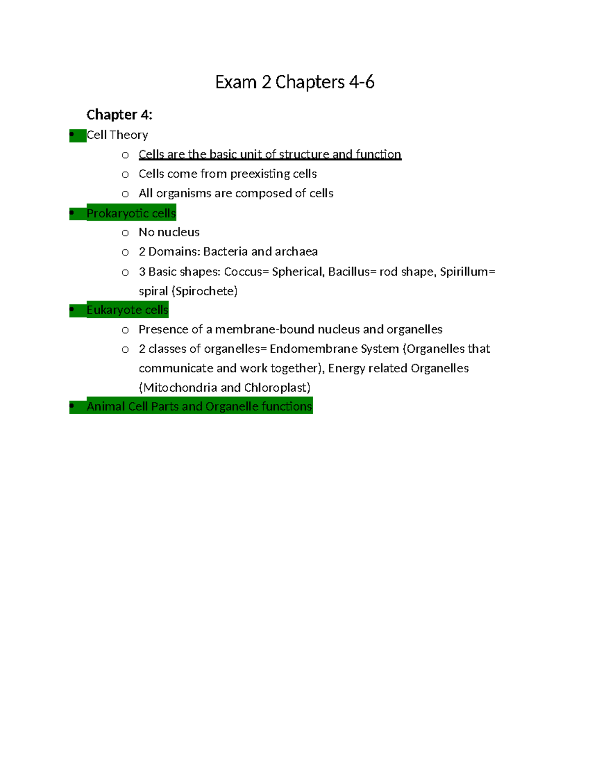 Exam 2 Study Guide - Exam 2 Chapters 4- Chapter 4: Cell Theory o Cells ...