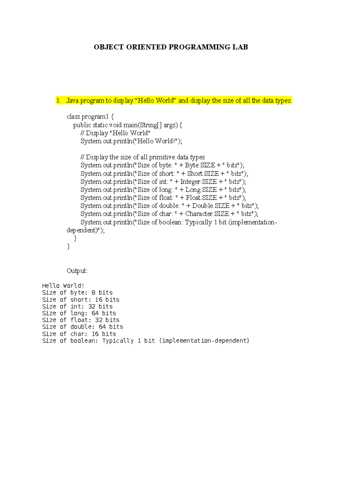 Java Lab Programs - Object Oriented Programming Lab 1 - Studocu