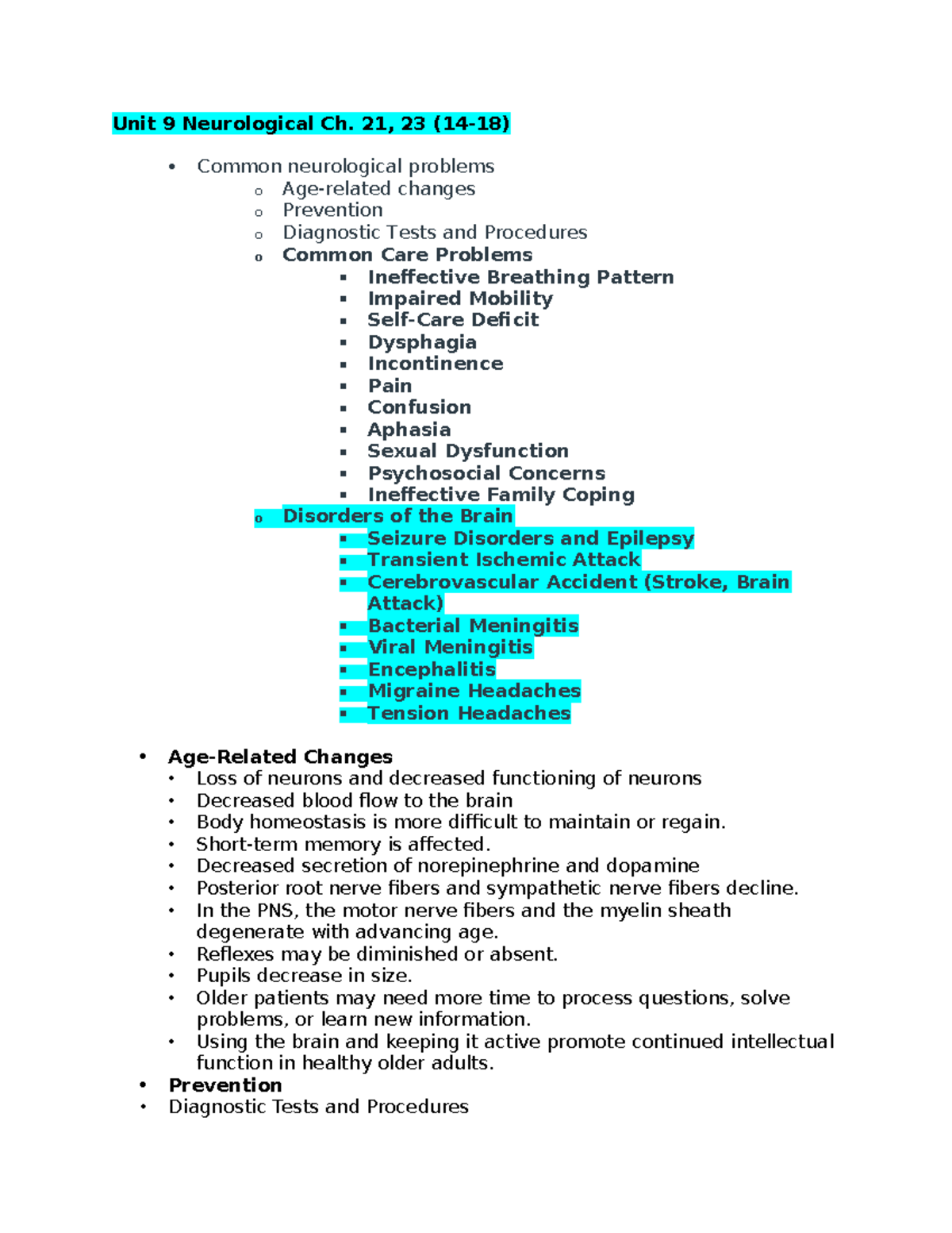 Neuro unit 9 - notes from chapter/ppts - Unit 9 Neurological Ch. 21, 23 ...