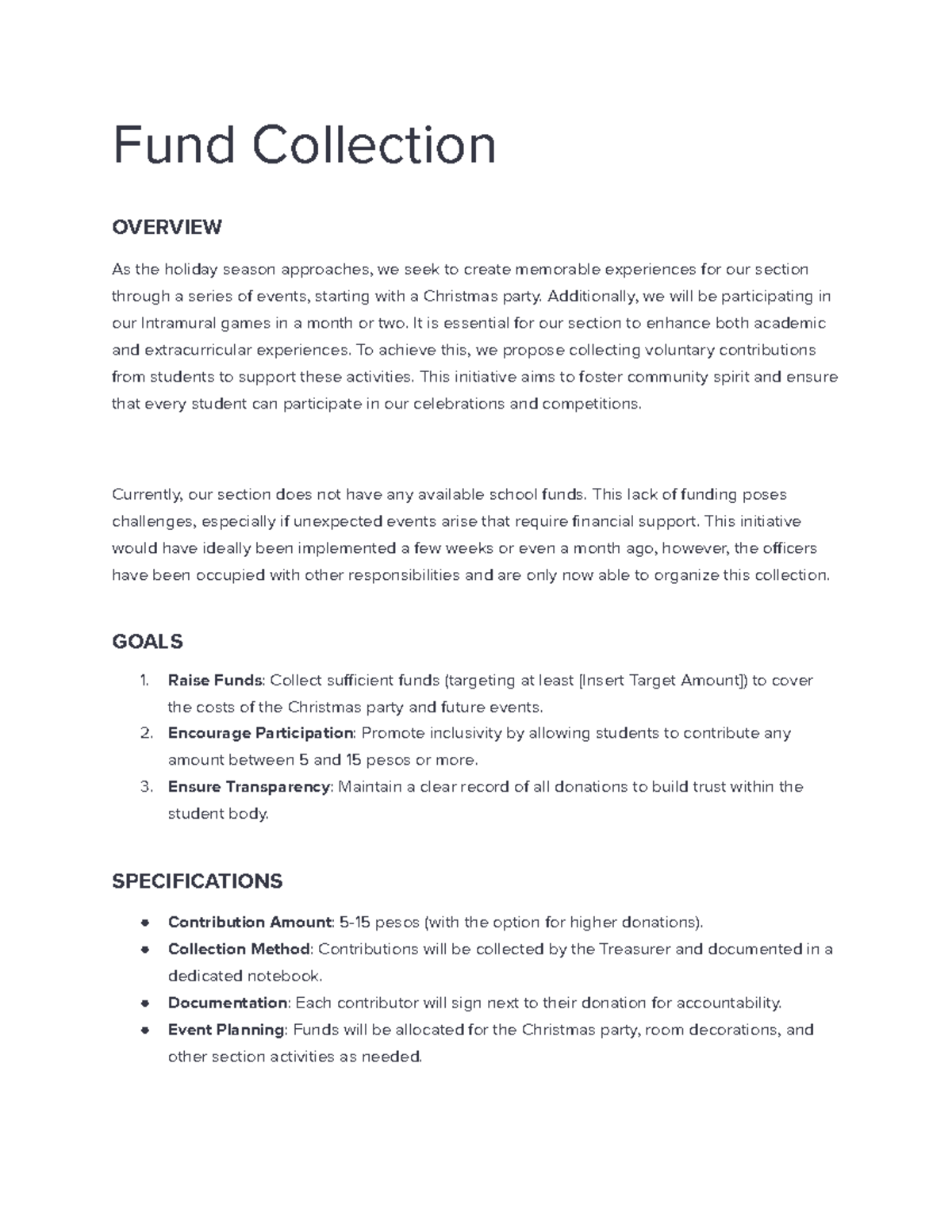 Proposal for Fund Collection for Holiday Events and Activities - Studocu