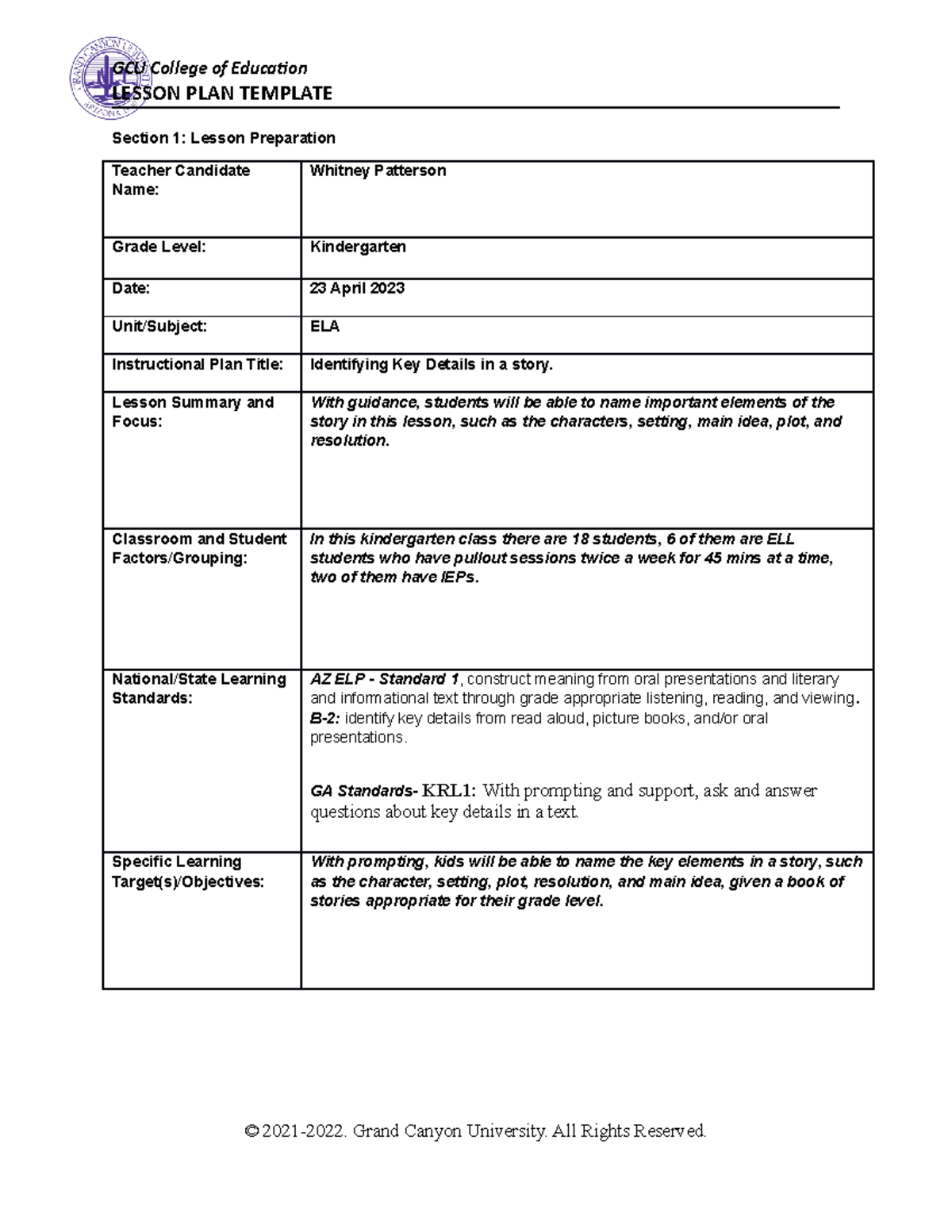 Lesson Plan for ELL: Identifying Key Story Elements in Kindergarten ...
