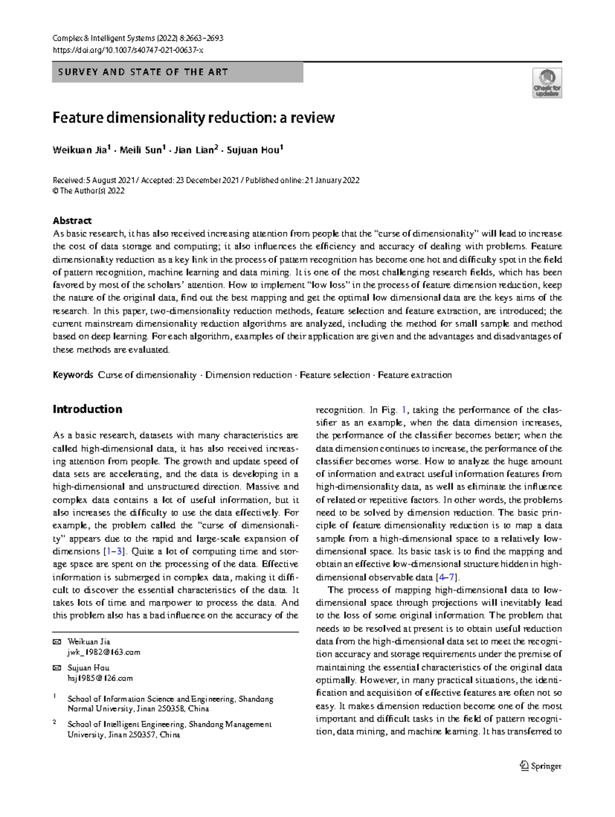 Feature Dimensionality Reduction: A Comprehensive Review (S40747) - Studocu
