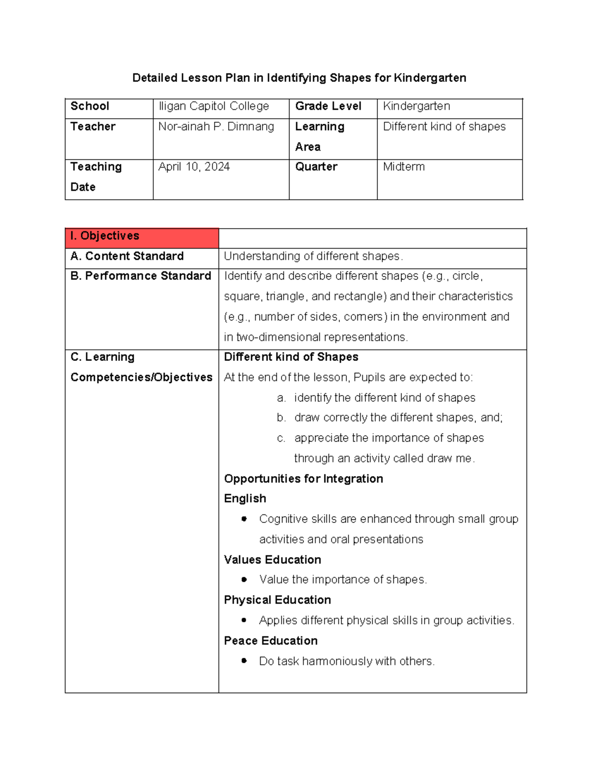 Detailed Lesson Plan: Identifying Shapes for Kindergarten (KGC 2024 ...