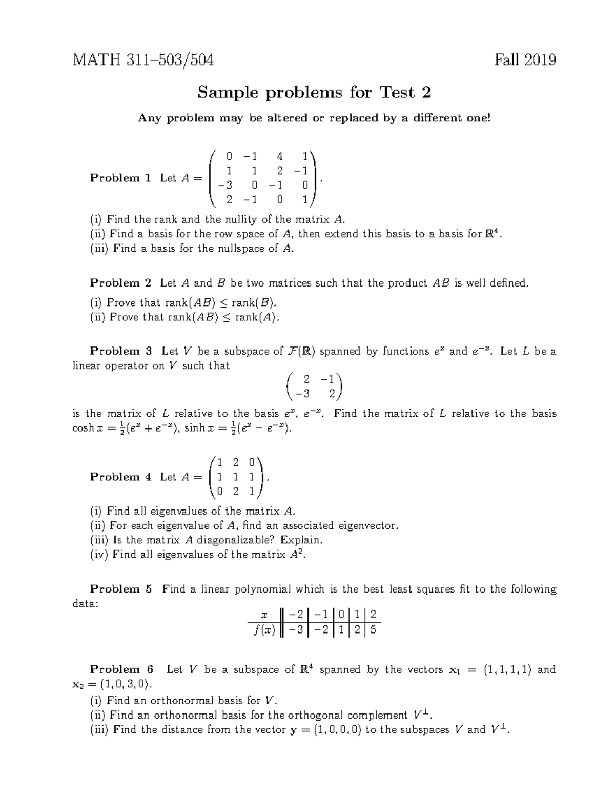 MATH 311 Sample Problems for Exam 2 - Fall 2019 Review - Studocu