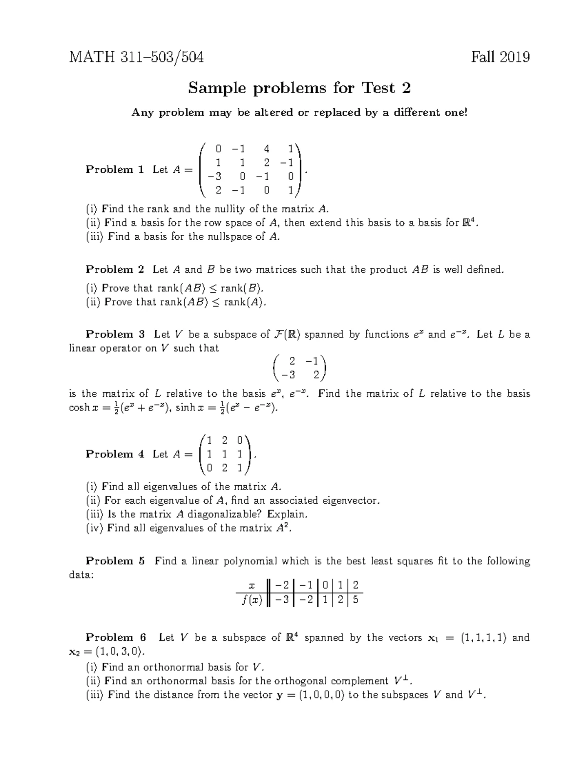 MATH 311 Sample Problems for Exam 2 - Fall 2019 Review - Studocu