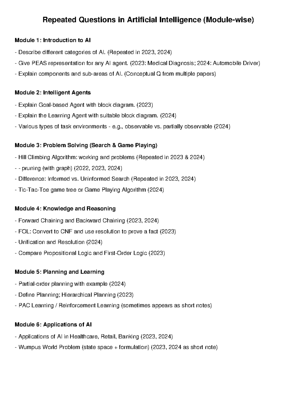 Repeated AI Questions Modulewise - Repeated Questions in Artificial ...