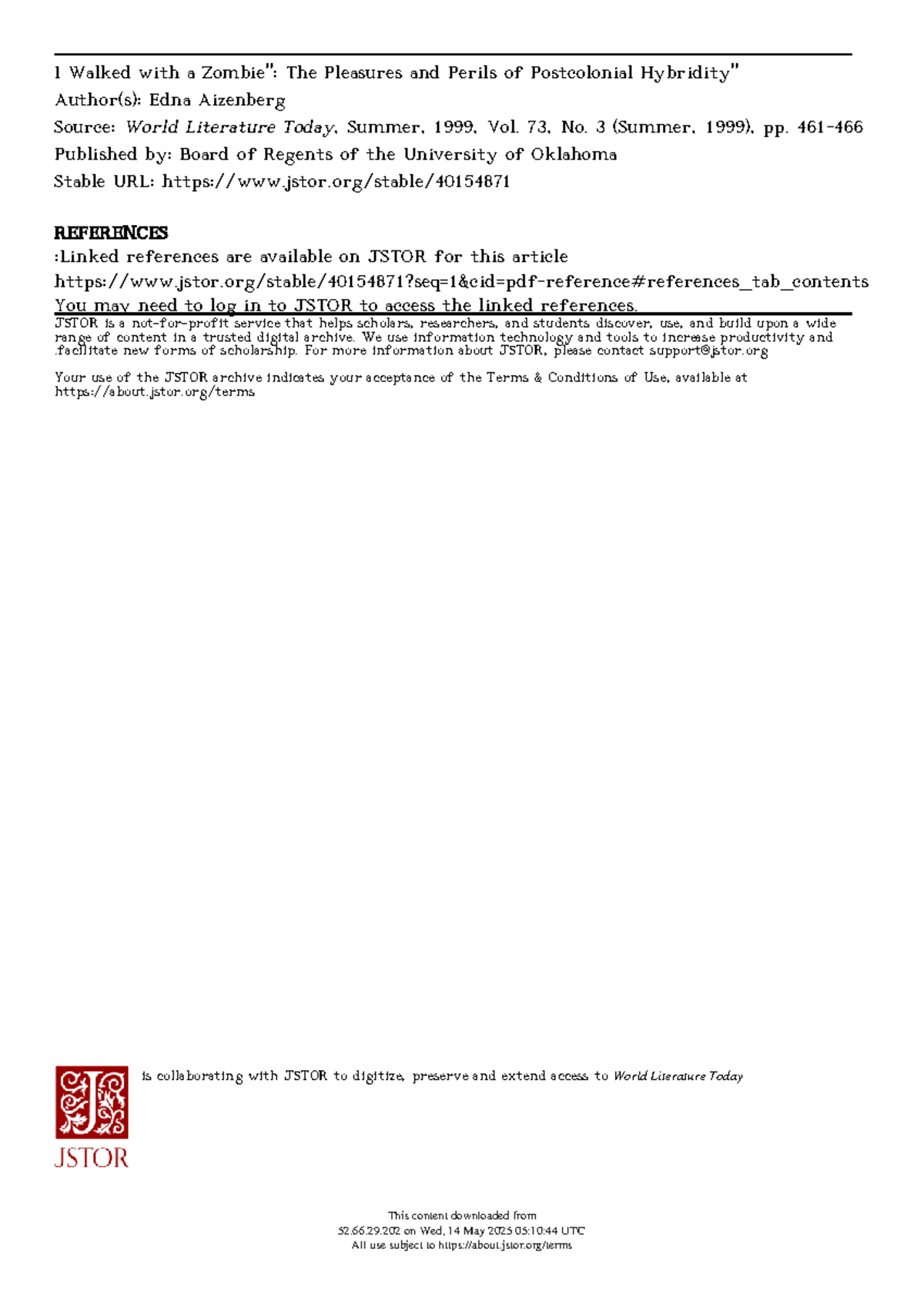 AIZENBERG: The Pleasures and Perils of Postcolonial Hybridity in Zombie ...