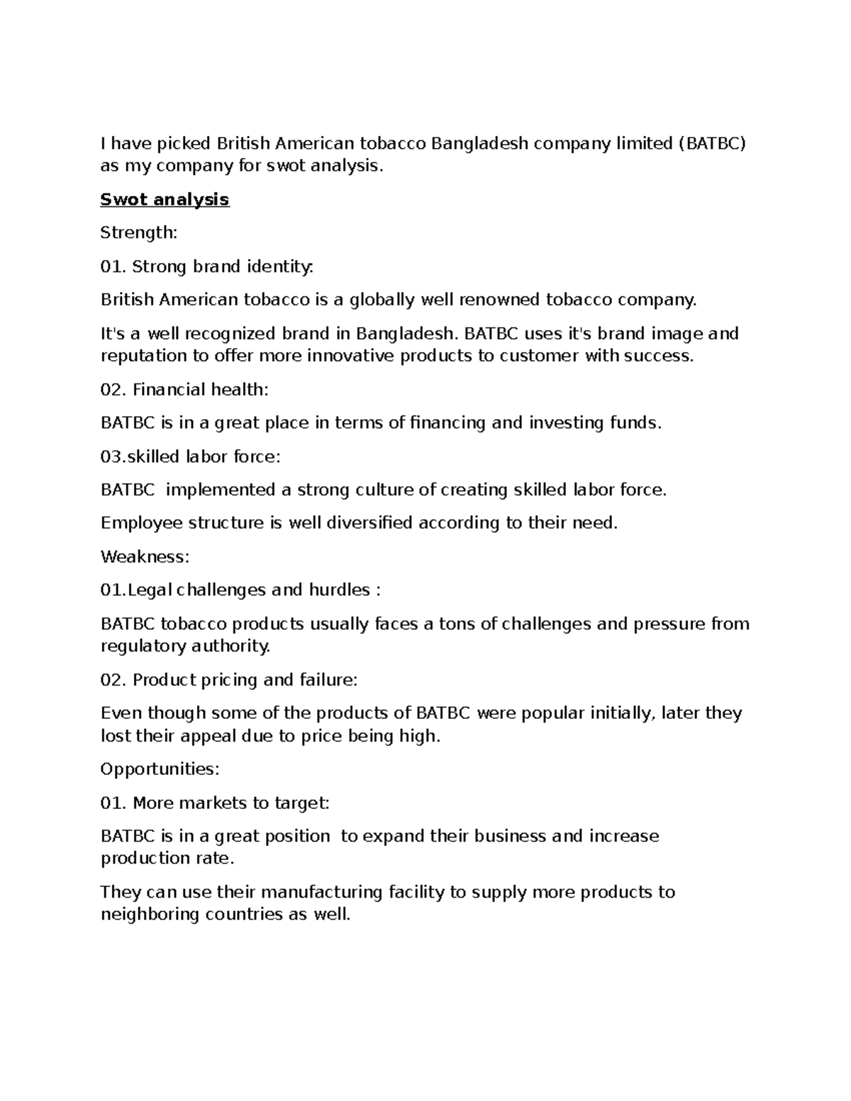 SWOT Analysis of British American Tobacco Bangladesh (BATBC)