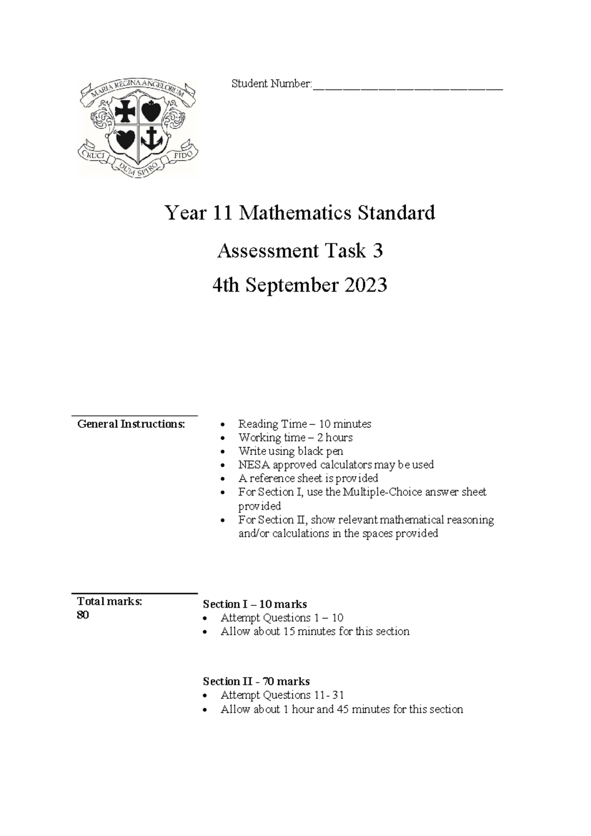 2023 Year 11 Mathematics Standard Task 3 Exam Guide - Studocu